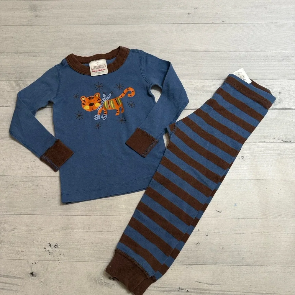 Hanna Andersson kids long John pajamas winter‎ tiger brown blue stripes 90/3